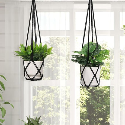 YIBOT Macrame Plant Hanger Indoor Set of 2 with 2 S Hooks, Indoor Outdoor Hanging Planter for Plants Holder with Decorative No Tassels, Boho Home Decor, 35 Inch, Black (Pots Not Included)