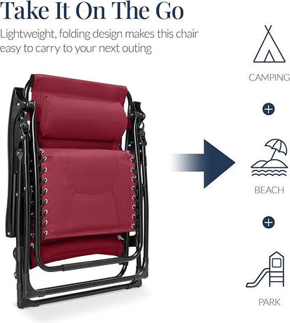 Best Choice Products Oversized Padded Zero Gravity Chair, Folding Outdoor Patio Recliner, XL Anti Gravity Lounger for Backyard w/Headrest, Cup Holder, Side Tray, Polyester Mesh - Burgundy