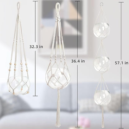 3 PCS Macrame Plant Hanger Indoor Hanging Planter Basket with Wood Beads Plants Holder Decorative Flower Pot Holder (POTS NOT Included) (Ivory White)