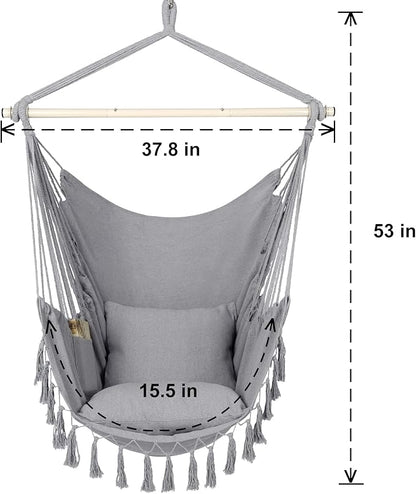 Y- STOP Hammock Chair Hanging Rope Swing, Max 500 Lbs, 2 Cushions Included, Large Macrame Hanging Chair with Pocket for Superior Comfort, with Hardware Kit (Light Grey)