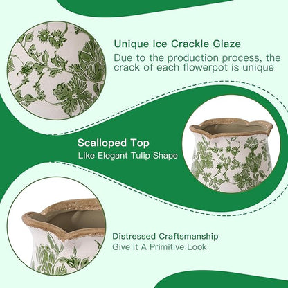 Ceramic-Planters-for-Indoor-Plants with Saucer, 6 inch Vintage Ice Crack Glaze Plant Pots with Drainage Holes, Decorative Flower Pots for Outdoor Garden Home Decor, Tuscan Pot for Plant