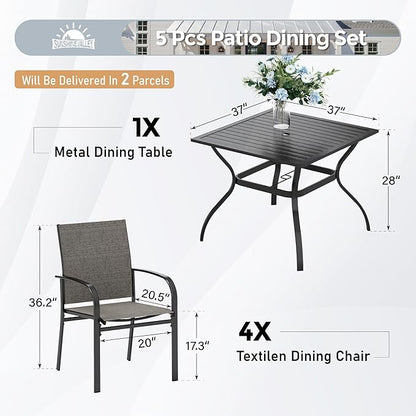 5 Piece Patio Dining Set for 4, 37”x37” Square Table with Umbrella Hole, 4 Metal Brown Chairs, Outdoor Table and Chairs Set for Lawn Backyard and Deck