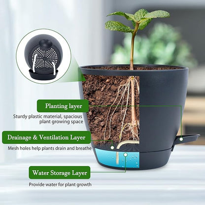 Hanging Planters for Indoor Plants, 2 Set Self Watering Hanging Flower Pots, Modern Hanging Plant Baskets with Metal Plant Holder & 6.5 Inch Plastic Pots for Garden Home Decor (Black)