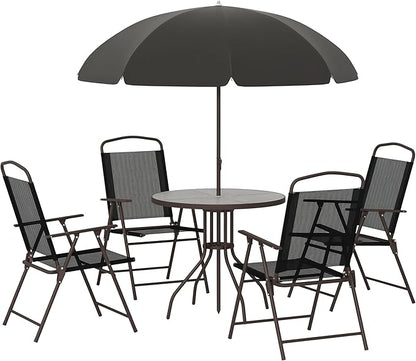 Outsunny 6 Piece Patio Dining Set for 4 with Umbrella, Outdoor Table and Chairs with 4 Folding Dining Chairs & Round Glass Table for Garden, Backyard and Poolside, Black and Coffee