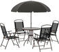Outsunny 6 Piece Patio Dining Set for 4 with Umbrella, Outdoor Table and Chairs with 4 Folding Dining Chairs & Round Glass Table for Garden, Backyard and Poolside, Black and Coffee