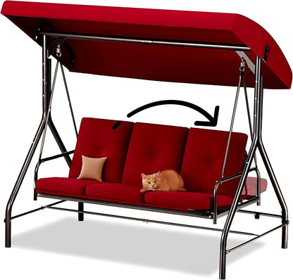 Porch Swing - 3-Seat Patio Outdoor Swing with Canopy for Adultes, Convertible Glider Bed, Thick Removable Cushions & Pillows for Backyard, Porch, Garden - Burgundy