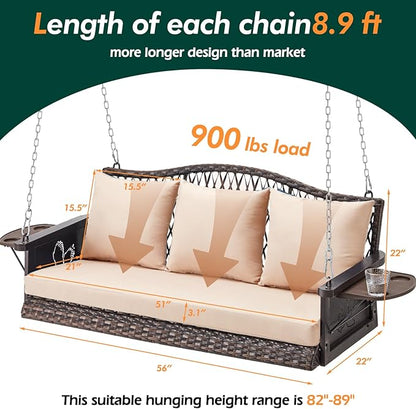 Upgraded Wicker Hanging Porch Swing Heavy Duty 900lbs 3-Seat Outdoor Patio Swing Chair Bench for Adult w/ 8.9ft Hanging Chains Cushions and Cup Holder