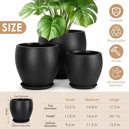 Plant Pots 17.5/14.8/12.2 inch Set of 3, Flower Pots with Drainage Holes, Large Planters for Indoor Outdoor Garden Plants and Flowers. (Black)