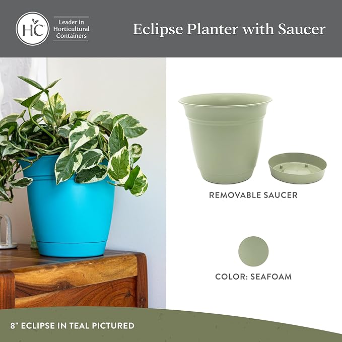 The HC Companies 16 Inch Eclipse Round Planter Pots with Drainage Holes & Attached Saucer, Lightweight UV-Resistant Plastic Indoor Outdoor Planters, 2-Pack Flower Pots for Garden & Home Decor, Seafoam