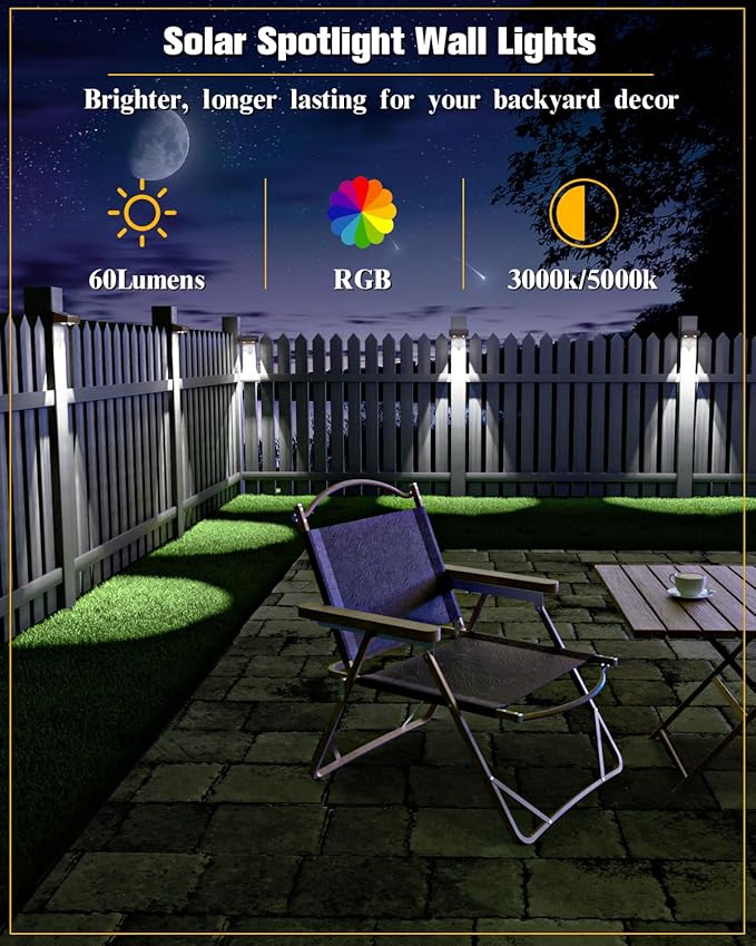 Solar Fence Lights 8 Pack Brown, 50 Lumens Outdoor Fence Lights Solar Powered with 12 Modes RGB Color Glow, LED Deck Lighting Outdoor Waterproof IP65, Backyard, Deck, Porch, Railing, Pool, Wall
