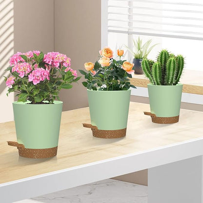 Self Watering Pots, 7/6.5/6/5.5/5/4 inch Flower Pots with Multi Mesh Drainage Holes, Small Platic Planters for Indoor Outdoor Garden Plants and Flowers (Green with Brown Tray, 7"+6.5"+6"+5.5"+5"+4")