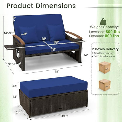 Tangkula Patio Rattan Daybed with 4-Level Adjustable Backrest, Outdoor Wicker Loveseat with Acacia Wood Armrest, Storage Ottoman & Folding Tray, Double Sunbed for Balcony, Backyard & Poolside (Navy)