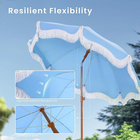 Beach Umbrella with Fringe & Sand Anchor, 7ft