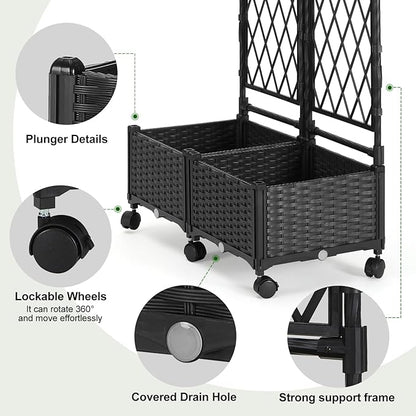 Planter Box with Trellis, 4ft Tall Self-Watering Plastic Raised Garden Beds and Lattice Trellis with Lockable Wheels & Drain Plug for Outdoor Patio Backyard Balcony, Black, 2 Pcs