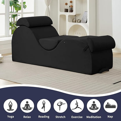 ijuicy Sleek Chaise Lounge Chair for Exercise/Yoga, Indoor Lounger with Headrest, Waist Cushion, Movable Footrest, Side Pockets, Non-Slip Bottom, High Density Sponge, Black
