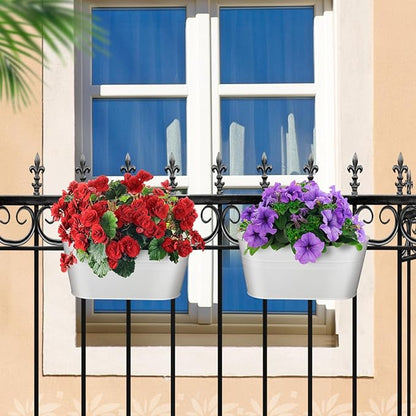 MADHOLLY Railing Planter with Drainage Holes - Sturdy Bucket Pots for Railing Fence, Countryside Style Metal Flower Pots for Herbs Balcony Garden Yard Decor, 2Pcs, White