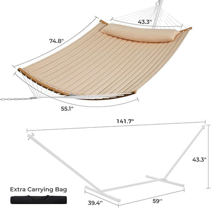 SUPERJARE Hammock with Stand, 2 Person Heavy Duty Hammock with Padded Cotton, Detachable Pillow & Strong Curved-Bar & Portable Carrying Bag, Perfect for Outdoor & Indoor, Beige
