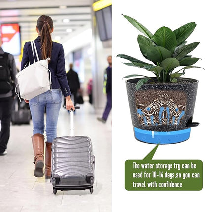 Self Watering Pots for Indoor Plants,12 inch Planters with Drainage Holes Plastic Flower Pots with Deep Reservoir, Black Speckles