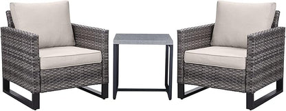 Belord Outdoor Bistro Set 3 Piece Outdoor Wicker Patio Chairs, Oversize Outdoor Rattan Seating Set, All-Weather Chairs Wicker Furniture with Metal Side Table and Water-Resistant Cushion for Outside