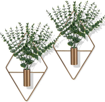 4 Pieces Bronze Wall Decor Hanging Planters with Artificial Plants Metal Hanging Vase Indoor Plants Holder Modern Boho Wall Art for Bathroom Bedroom Living Room Decor, Eucalyptus