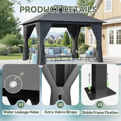 Aoxun 10x10 Outdoor Gazebo with 50FT LED Hanging Lights Metal Frame Canopy with Double Roofs Heavy Duty Party Tent and Shelter with Mosquito Netting and Privacy Screen for Backyard, Lawn, Garden(Gray)