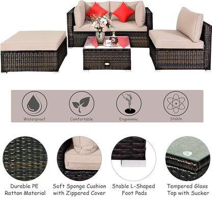 Tangkula 5 Pieces Patio Rattan Furniture Set, Outdoor Sectional Rattan Sofa Set with Back & Seat Cushions, Wicker Conversation Set with Tempered Glass Table for Backyard Porch Poolside (Brown)