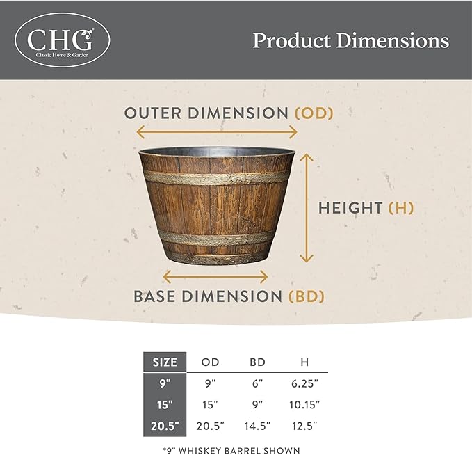 Classic Home and Garden Outdoor Round Whiskey Resin Flower Pot Barrel Planter, Kentucky Walnut Brown, 9" (Pack of 4)