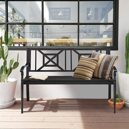 S AFSTAR Outdoor Garden Bench, Metal Porch Bench Seat with Slated Seat & Decorative Backrest, 2-Person Loveseat for Patio Garden, Powder Coated Iron Frame, Patio Bench Front Door Bench for Outside
