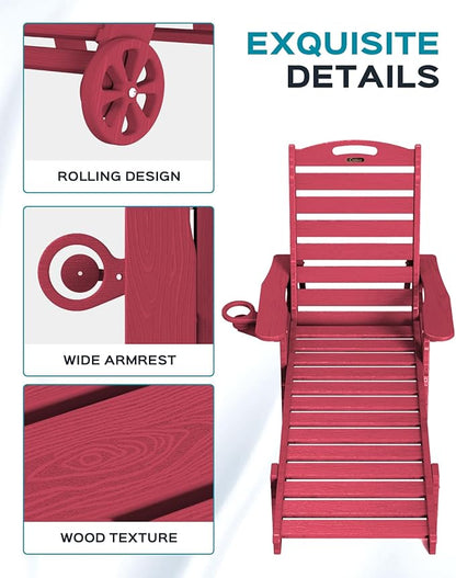 Ciokea Lounge Chair Outdoor, Oversized Chaise Lounge Chair with 5 Positions, HDPE, Patio Lounge Chair with Wheels & Cup Holder for Pool, Deck, Poolside, Red