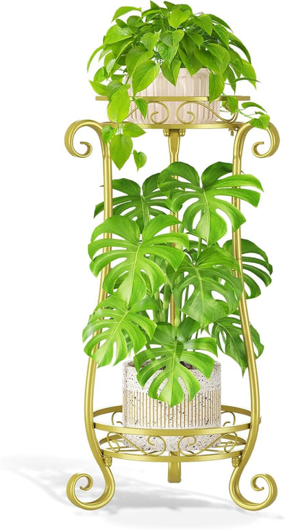 LASZOLA 2 Tier Gold Metal Plant Stand for Multiple Large Planters Indoor Outdoor Organizer, Heavy Duty Tall Flower Stand for Corner Patio Bathroom Office, Modern Sturdy Vertical Iron Rack, Cat Proof