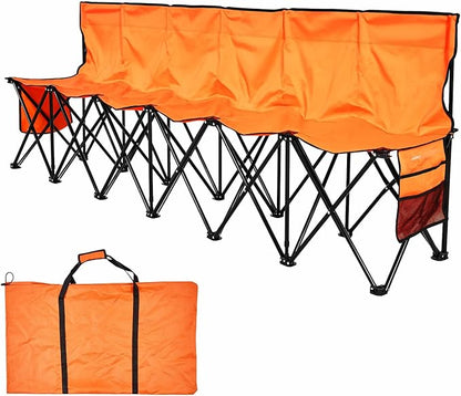 VEVOR Portable Folding Bench, 6 Seat Foldable Soccer Bench with Side Pockets and Carrying Bag, Lightweight Sideline Seating with Back Rest for Football, Baseball, Camping, Outdoor Events, Orange