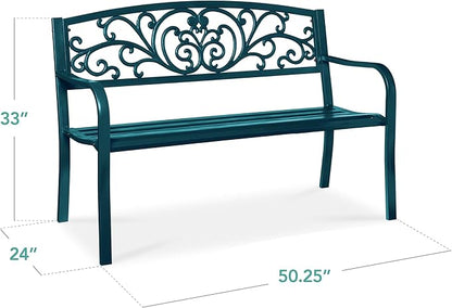 Best Choice Products Outdoor Bench Steel Garden Patio Porch Furniture for Lawn, Park, Deck w/Floral Design Backrest, Slatted Seat - Peacock Blue