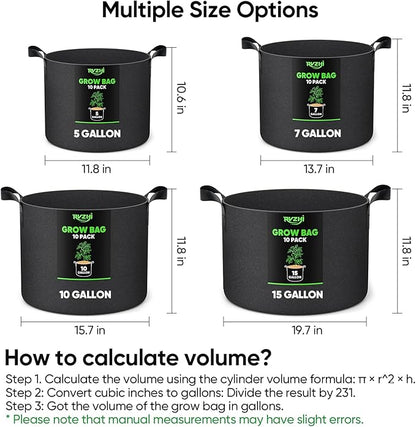 15 Gallon 10-Pack Plant Grow Bags: 350G Thickened Nonwoven Potato Grow Bags with Handles, Black Fabric Flowers Pots Felt Garden Bags, Gardening Supplies for Growing Vegetable Fruit Tomato Herbs