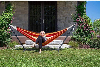 Vivere Brazilian Style Sunbrella Double Hammock with Steel Stand Combo, Sunset