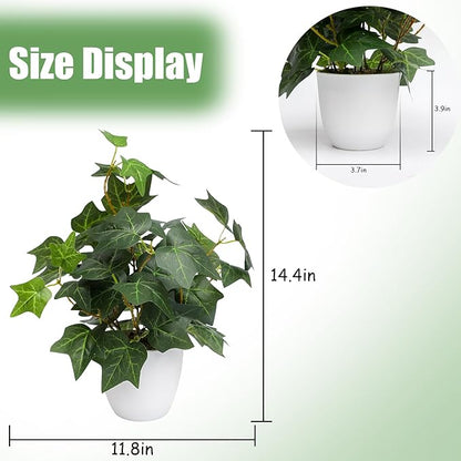 alyptus Fake English Ivy Plants in Pots Set of 2 – Realistic Artificial Ivy Greenery for Home Decor, Tabletop, Office, Shelf, Balcony or Bathroom - Green with White Pots