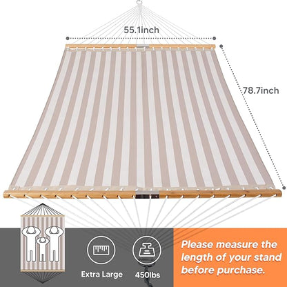 SUNCREAT Hammocks 14 FT Quick Dry Hammock Double Size with Spreader Bar, 2 Person Hammock for Outdoor Patio Yard Poolside, 450 lbs Capacity, Light Gray Stripes