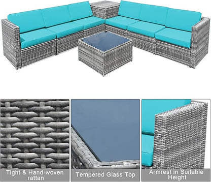 Tangkula 8 Pieces Wicker Patio Furniture Set with Storage Deck Box, PE Rattan Outdoor Sectional Conversation Set with Coffee Table & Cushions, Outside Furniture for Garden Yard Poolside (Turquoise)