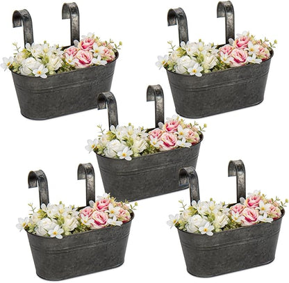 Briful 10'' Hanging Planter Outdoor 5PCS Metal Railing Planter for Herb Flower, Oval Galvanized Buckets with Detachable Hooks, Garden Fence Balcony Windowsill Hanging Pot, Black