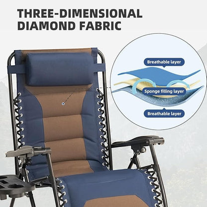 Zero Gravity Chair Set of 4 Oversized Padded Recliner with Adjustable Headrest & Cup Holder - 600D Oxford Folding Lounge Chair for Outdoor Camping, Patio, Poolside (Brown & Blue)