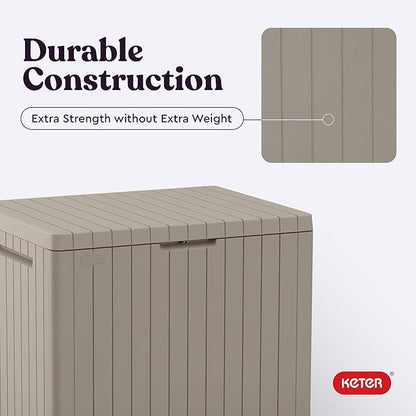 Keter City 30 Gallon Resin Outdoor Storage Box & Patio Side Table for Balcony, Pool, Deck & Garden Accessories, Weather‑Resistant, Beige