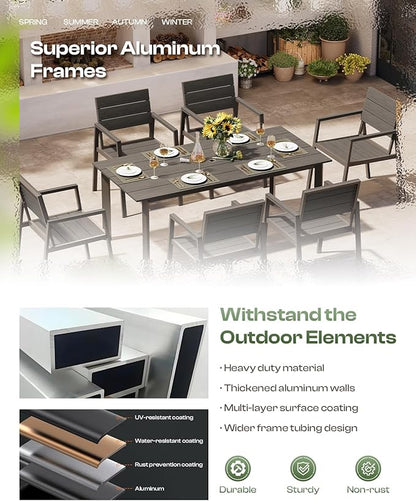 Aluminum Outdoor Dining Set for 6, Patio Table and Chairs Set with Umbrella Hole, 7 Pieces HDPS Outdoor Furniture Sets for Patio, Garden (Gray & Teak)