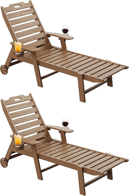 Carauci Lounge Chair Outdoor Set of 2, HDPE Chaise Lounge with Wheels, 5-Position Adjustable Backrest & 2 Cup Holders Patio Lounge Chair, All-Weather Pool Sun Lounger for Poolside, Backyard, Teak