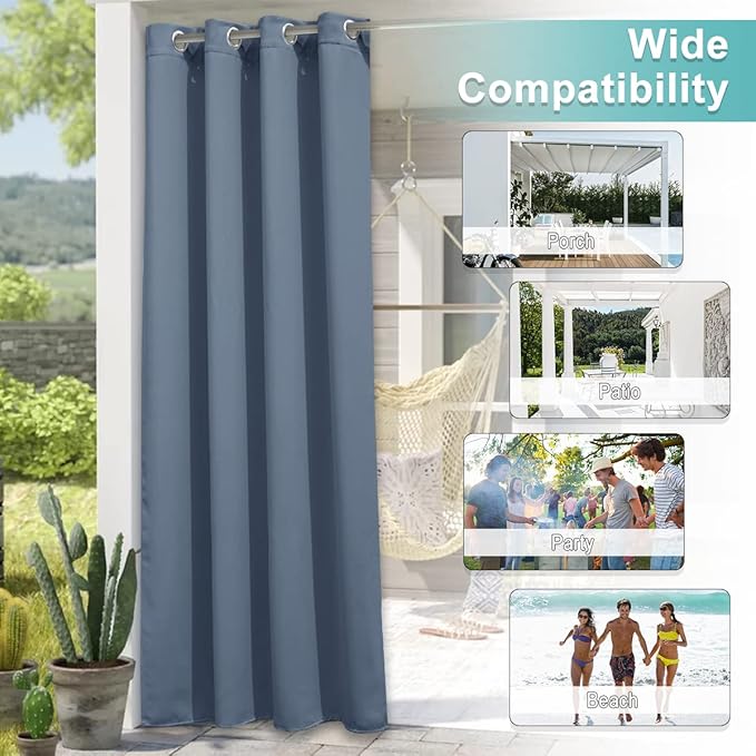 NICETOWN Outdoor Curtain for Patio Waterproof Extra Wide 84 inch, Sun Blocking Vertical Blinds Thermal Insulated Stainless Grommet for Front Porch/Gazebo/Lanai, Stone Blue, 1 Piece, 84 inch L