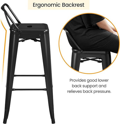 Yaheetech Bar Stools Set of 4, Metal Counter Height Chairs, 30 Inch Industrial Kitchen Stools with Backrest and Footrest for Indoor/Outdoor, Matte Black