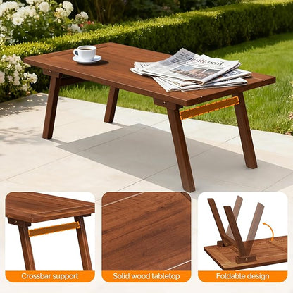 VINGLI Outdoor Folding Coffee Table, Natural Poplar Wood Patio Coffee Table, No Assembly Required, Ideal for Balcony, Porch, and Living Room, Rectangle, Natural