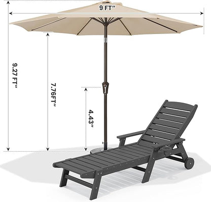 SERWALL Patio Chaise Lounge Chair Set of 2 with 9FT Patio Umbrella, 78'' HDPE Outdoor Lounger, Poly Lounge Chair with Rolling Wheels & Cup Holder for Pool,Slate Gray (Umbreall Base not Included)