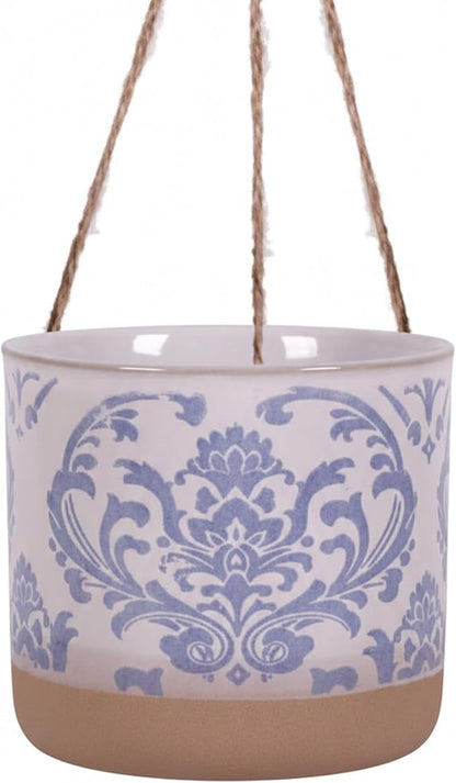 Blue Sky Clayworks 5" Hanging Chantel Blue Planter, Ceramic, 6" x 6" x 5", Soft Blue Damask & Clay Foot