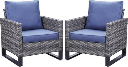 Belord Oversize Patio Chairs Set of 2 Outdoor Wicker Dining Chairs, All-Weather Rattan Patio Club Chair Furniture Sets with Water-Resistant Cushion Anti-Rust Frame Blue