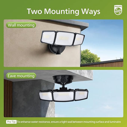 Philips 72W 7400LM LED Flood Lights Outdoor, Switch Controlled Aluminum Security Lights, 3 Adjustable Heads, Wall Mount, 5000K Daylight, Waterproof for Yard, Garage (2 Packs)