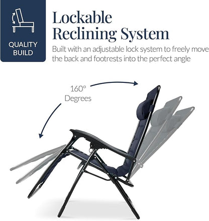 Best Choice Products Oversized Padded Zero Gravity Chair, Folding Outdoor Patio Recliner, XL Anti Gravity Lounger for Backyard w/Headrest, Cup Holder, Side Tray, Polyester Mesh - Navy Blue